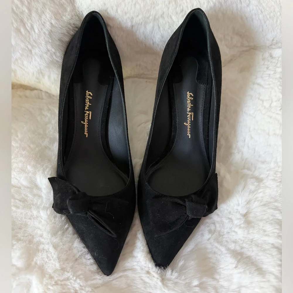 Salvatore Ferragamo Black Suede Pointed Toe Bow Pumps